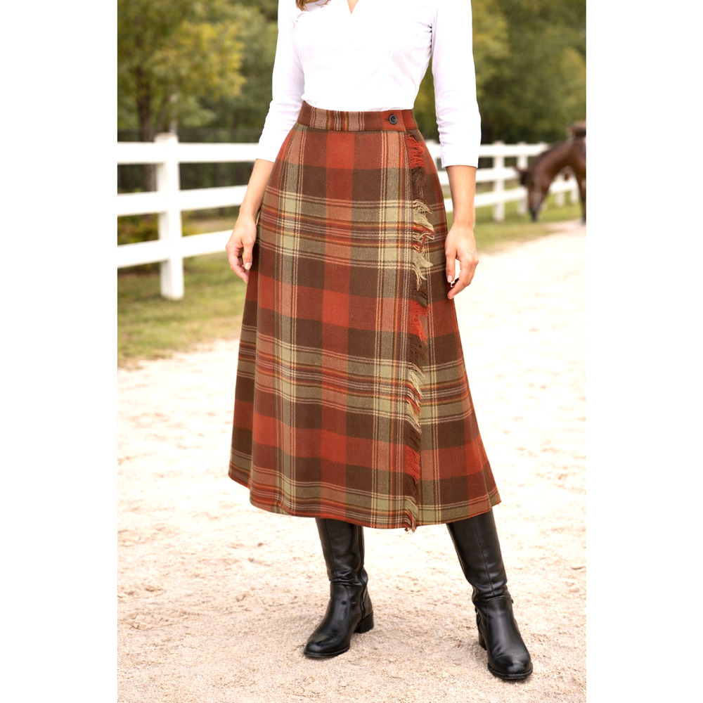 Talbots Orange Rust Brown Plaid Fringed Wrap Skirt Great For Boots! Midi 14